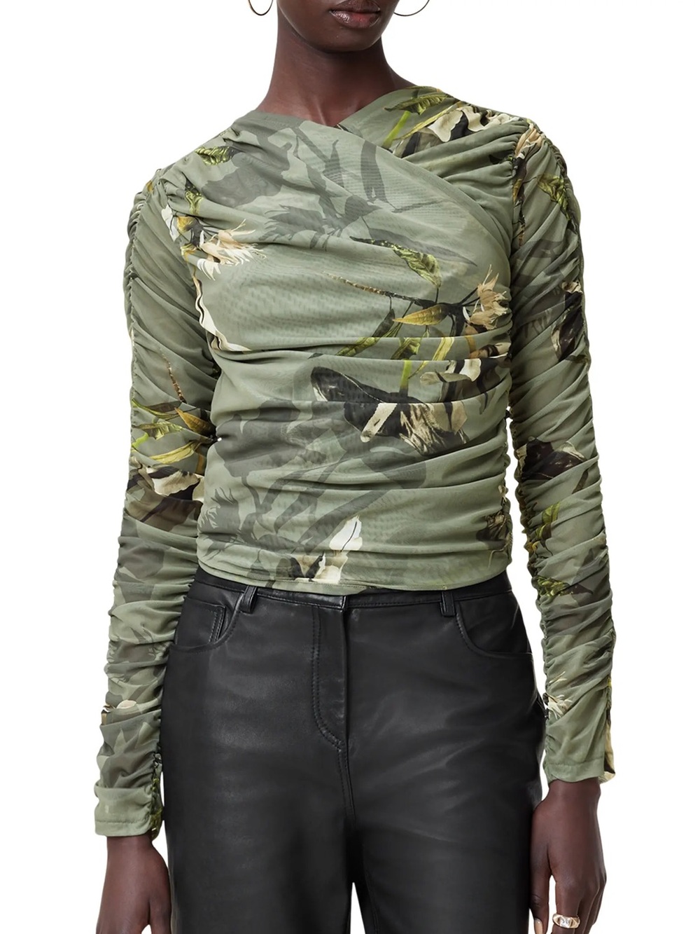 Allsaints Hanako Mesh Ruched Top in Emerge Olive Green US 6